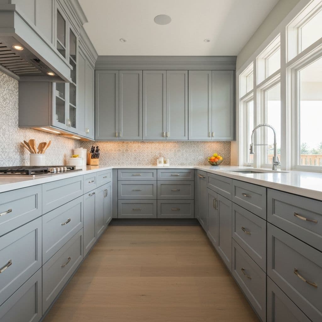 Freshly painted grey London kitchen cabinets
